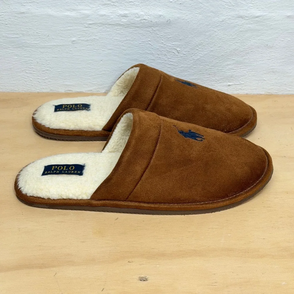 Polo Ralph Lauren Klarence Men 9 Brown Suede Faux Fur Scuff Slippers SMF3537ARL